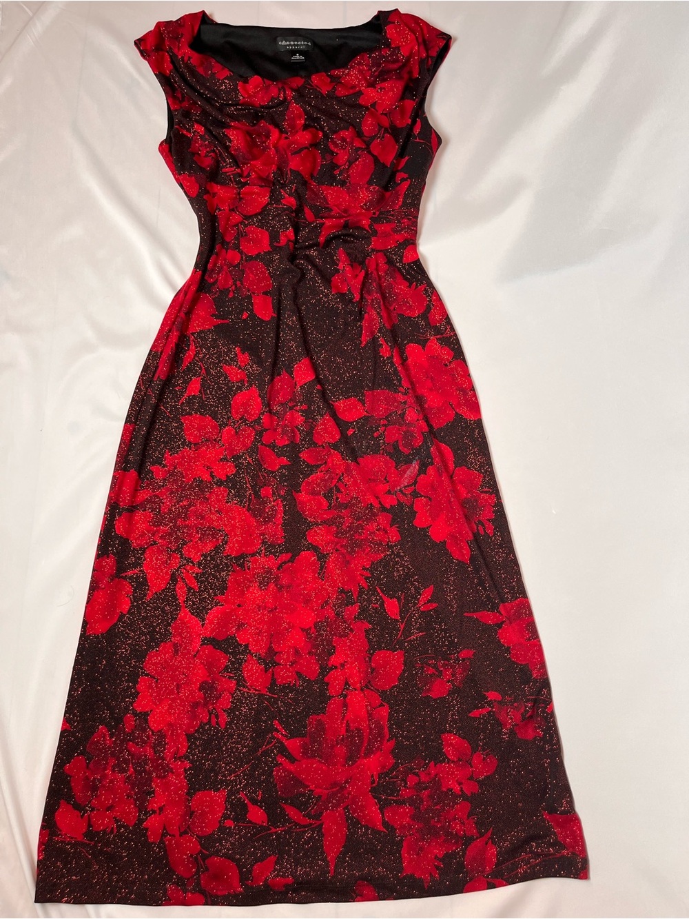 Connected Apparel Red&Black Floral Glitter Sheath Dress - Elegant Midi